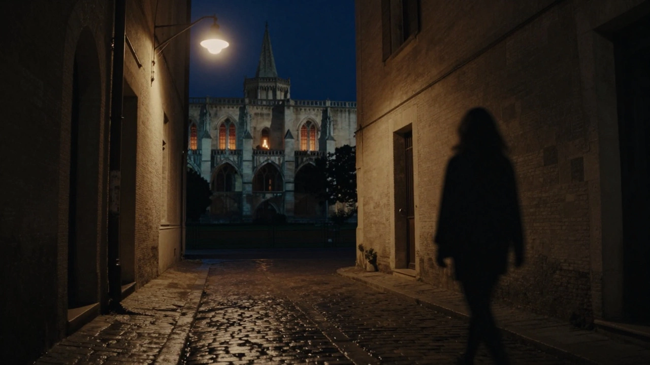 A narrow cobblestone alley in Avignon at night, a single light casts a halo on wet stones, a shadow passes just out of frame.