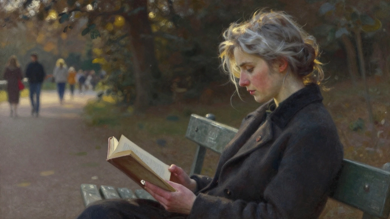 A woman reads poetry on a bench near Rocher des Doms, sunlight catching silver in her hair and the pages of an open book.