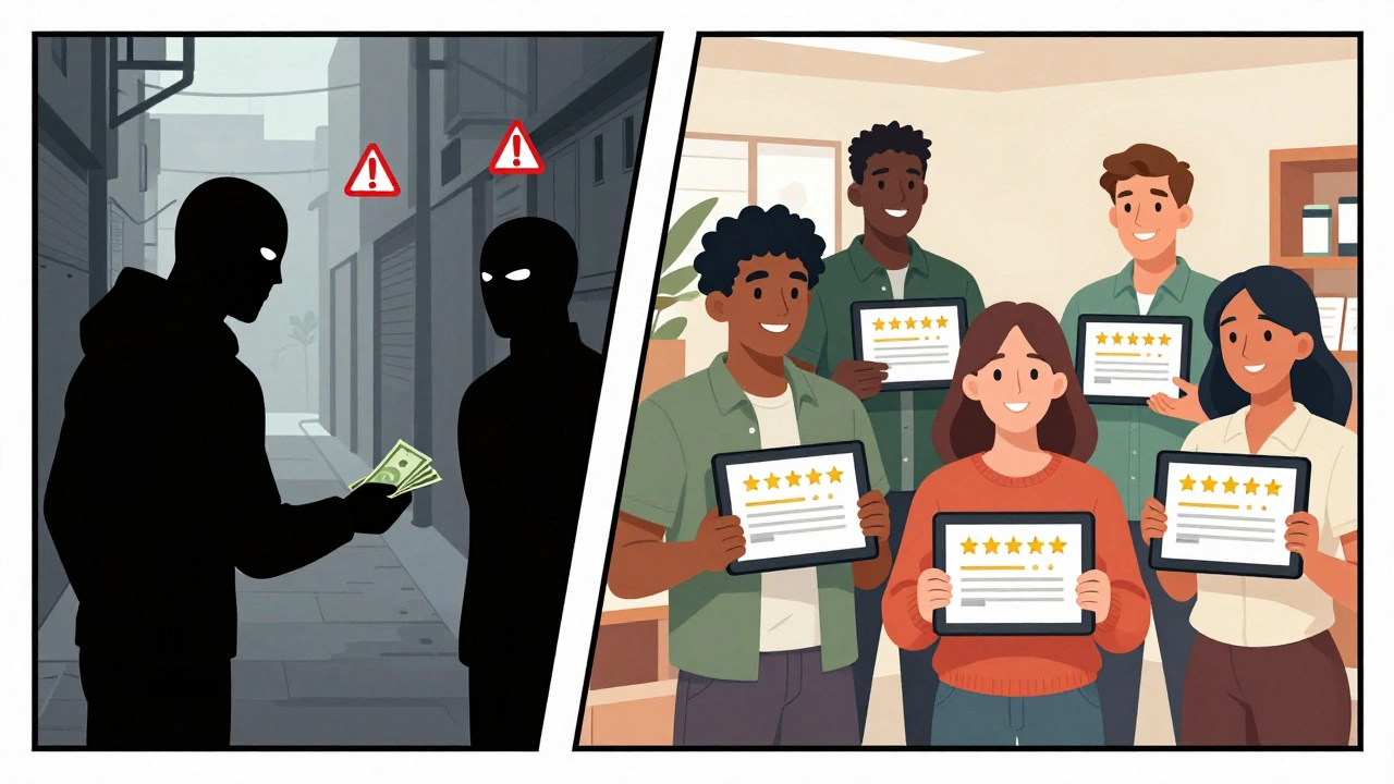 Comic-style contrast between unsafe underground meeting and safe reviewed service.