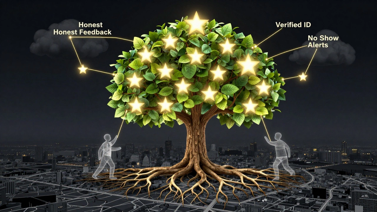 Glowing tree with star-shaped leaves representing community reviews in East London.